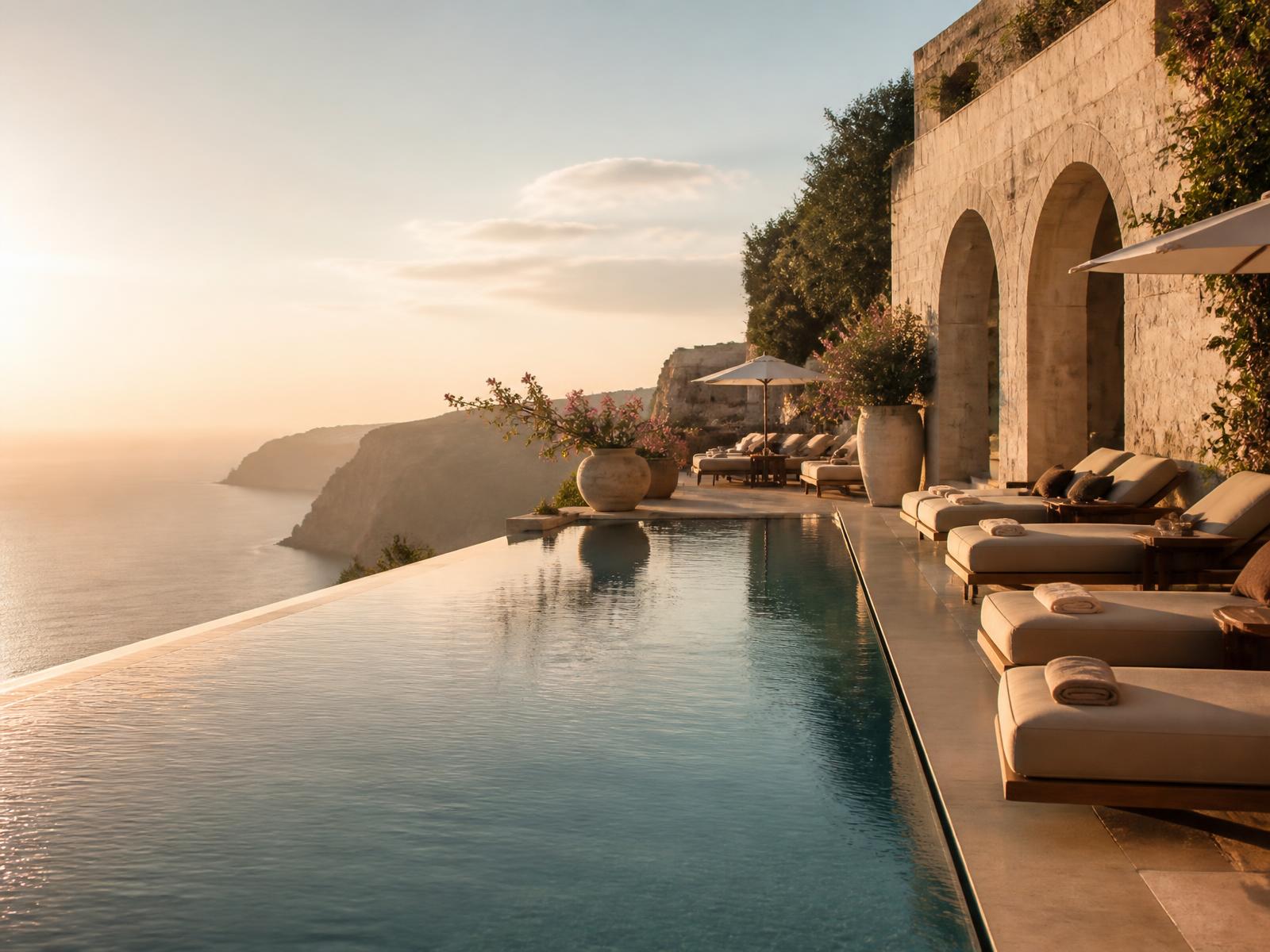 Piscina de borda infinita de um hotel frente ao mar ao pôr do sol