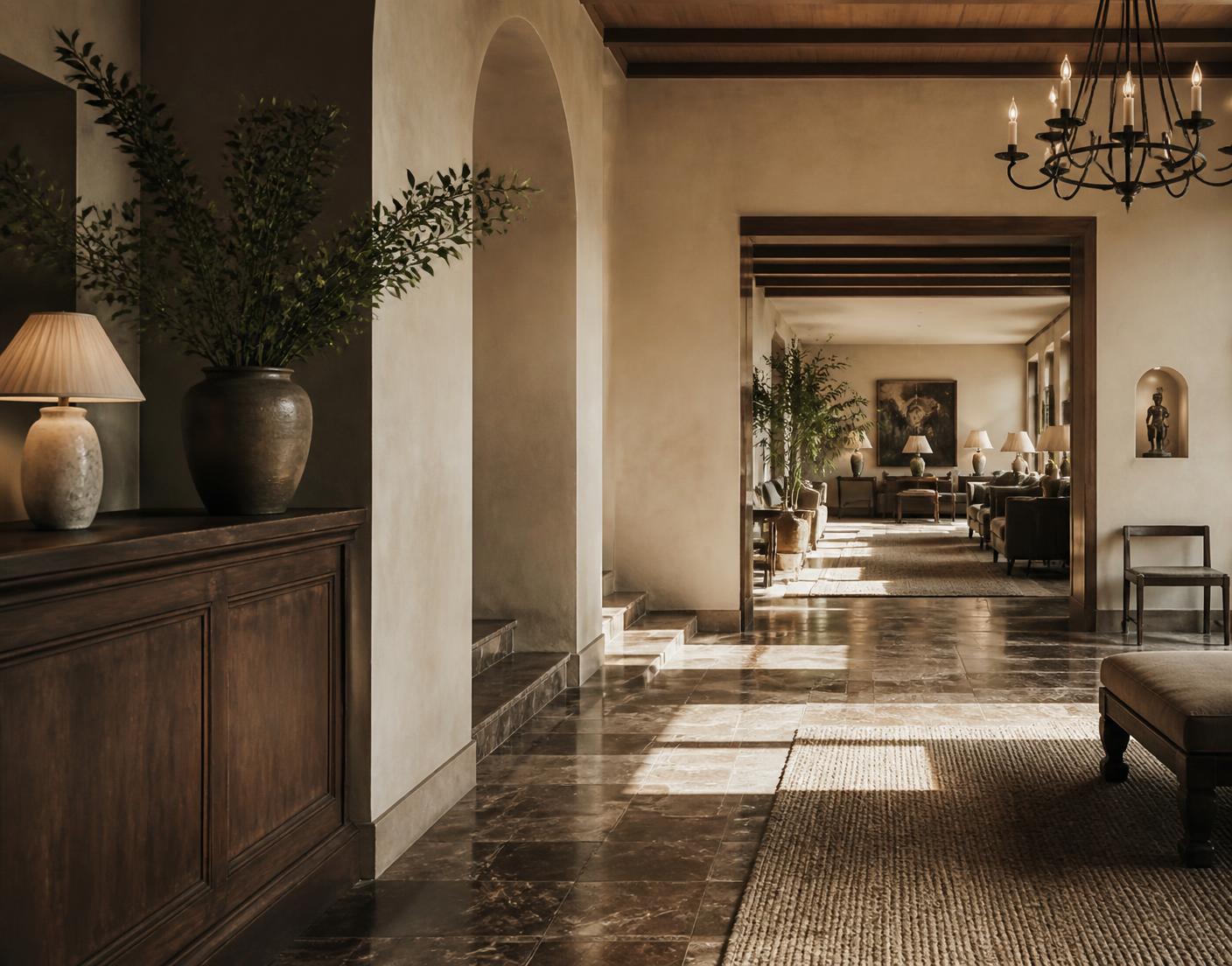 Recepção de um hotel boutique mediterrâneo com luz quente